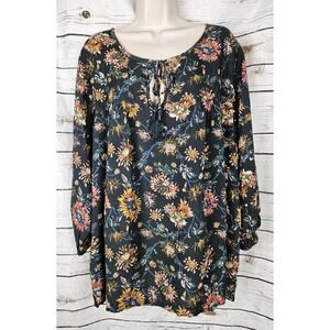 Natural Life Floral Peasant Top XXL NEW 100% Rayon Blouse 3/4 Sleeves Ties